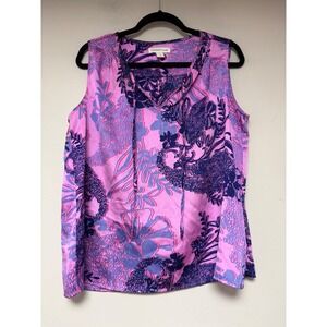 Coldwater Creek Pink Purple Floral Sleeveless Tie Neck Blouse Size 14